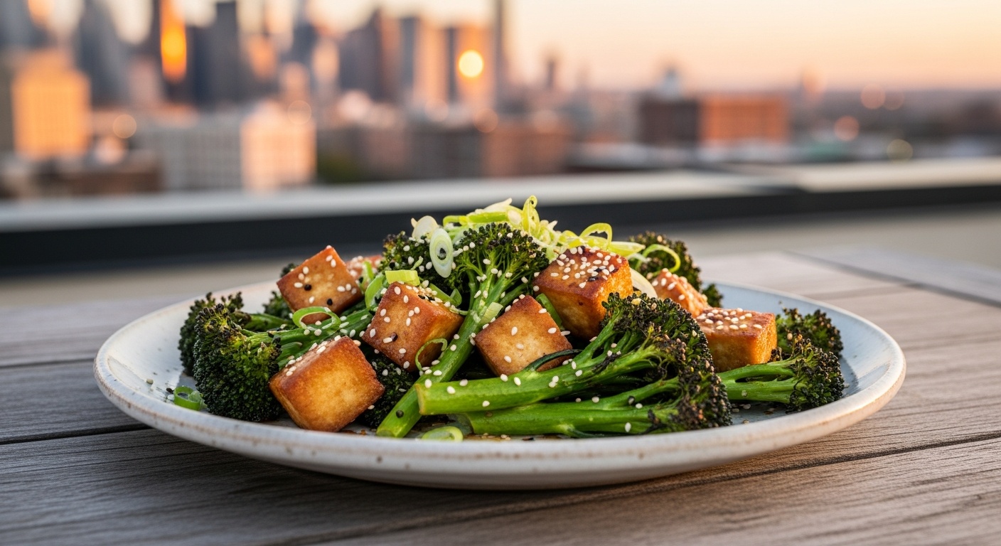 Sheet pan with roasted tofu and broccoli tossed in a glossy ginger sticky glaze