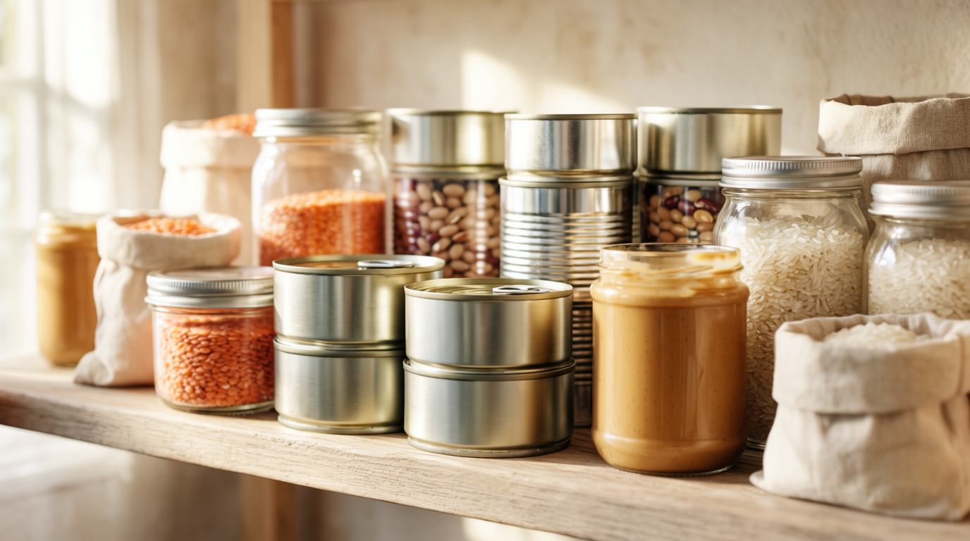 An organized pantry shelf with unlabeled cans, jars of peanut butter, lentils, and bags of rice