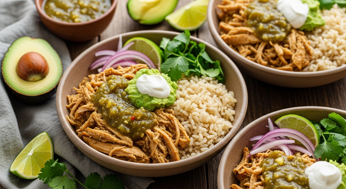 A bowl of shredded salsa verde chicken with rice black beans and avocado