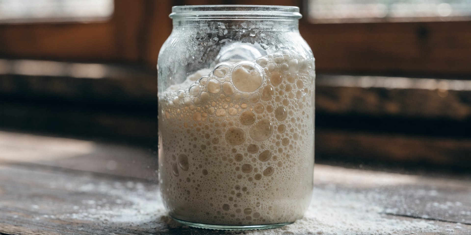 A glass jar filled with active, bubbly sourdough starter discard sits on a wooden counter, illuminated by soft natural light.