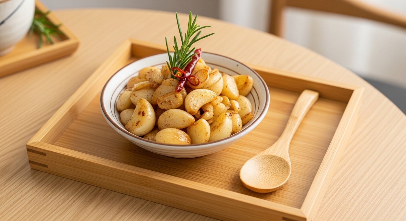 Minced garlic cooking gently in olive oil in a skillet