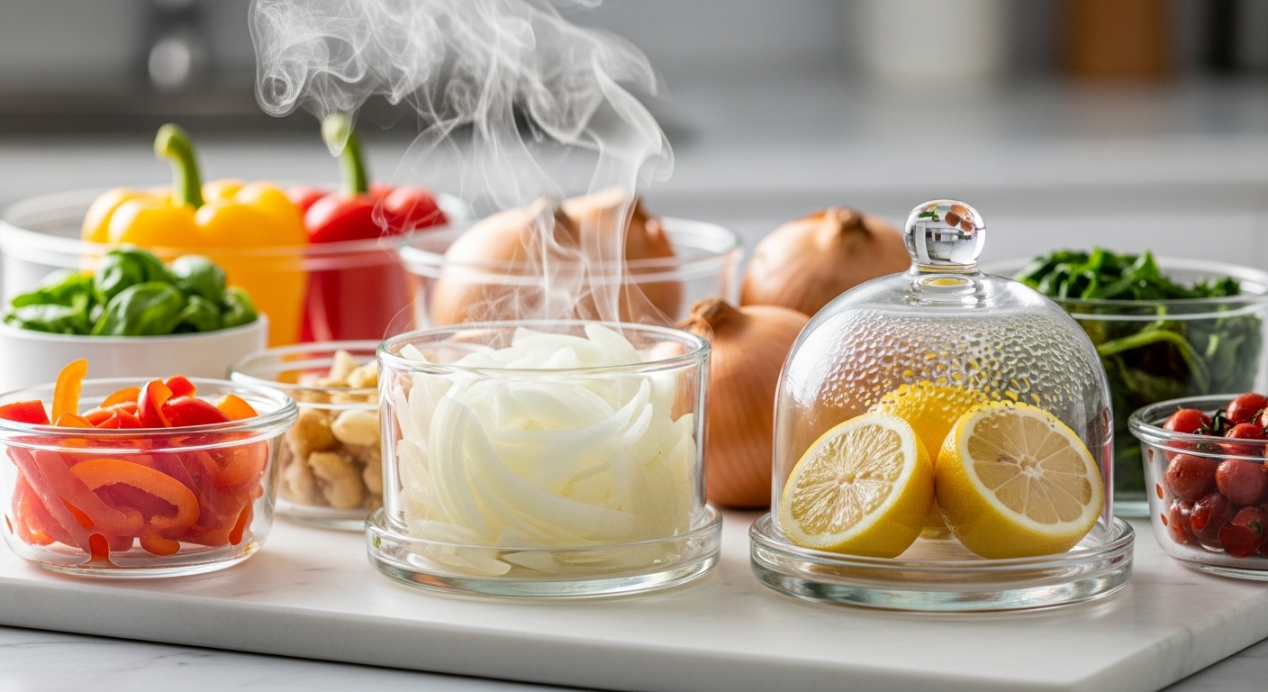 Cut onions and lemons stored neatly in glass containers inside a clean refrigerator