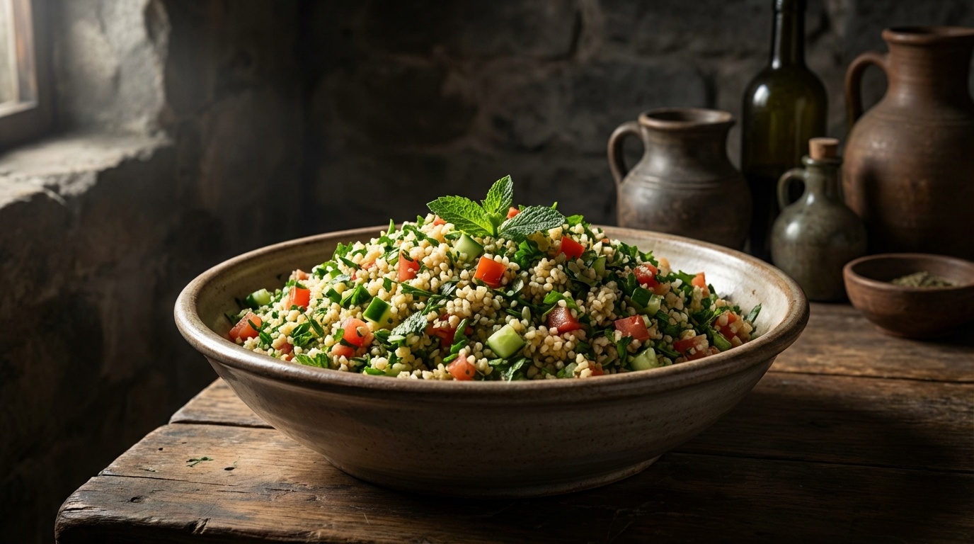 Tabbouleh Salad High Fiber Bulgur - appetizing bowl with colorful ingredients for natural nutrition